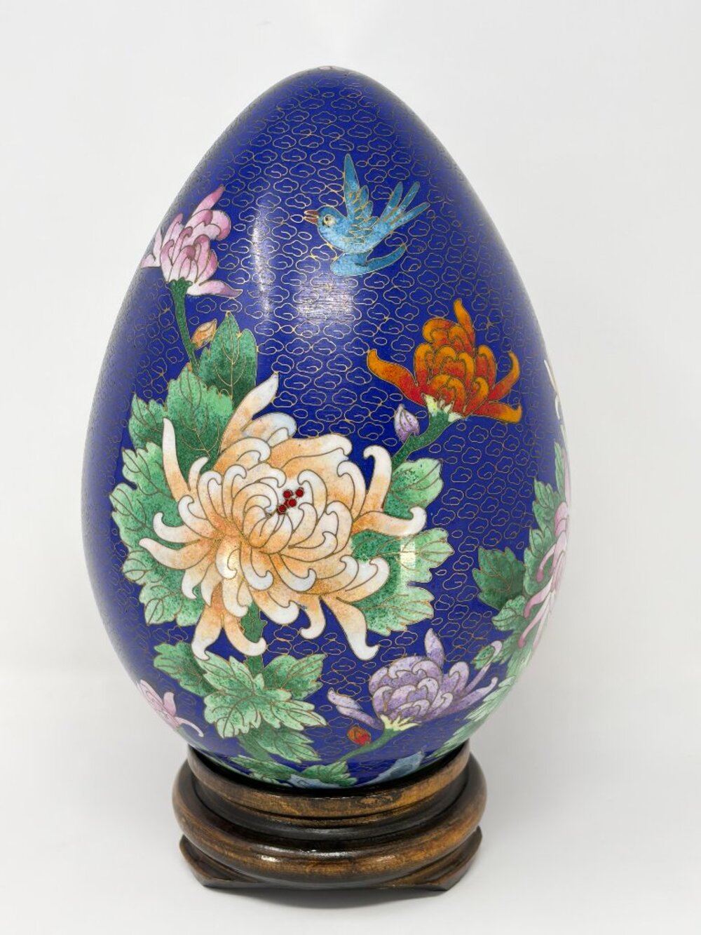 Vtg Large 11" Multicolor Enameled Floral/Bird Design Chinese Art Cloisonné Egg